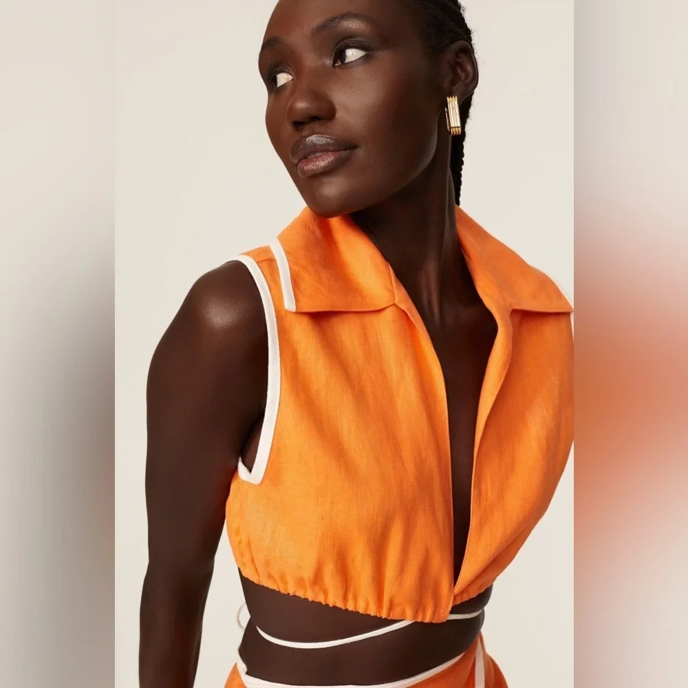 Matthew Bruch - Tie Waist Crop Top - Orange White Linen - Sz 4- RTR - Picture 4 of 13